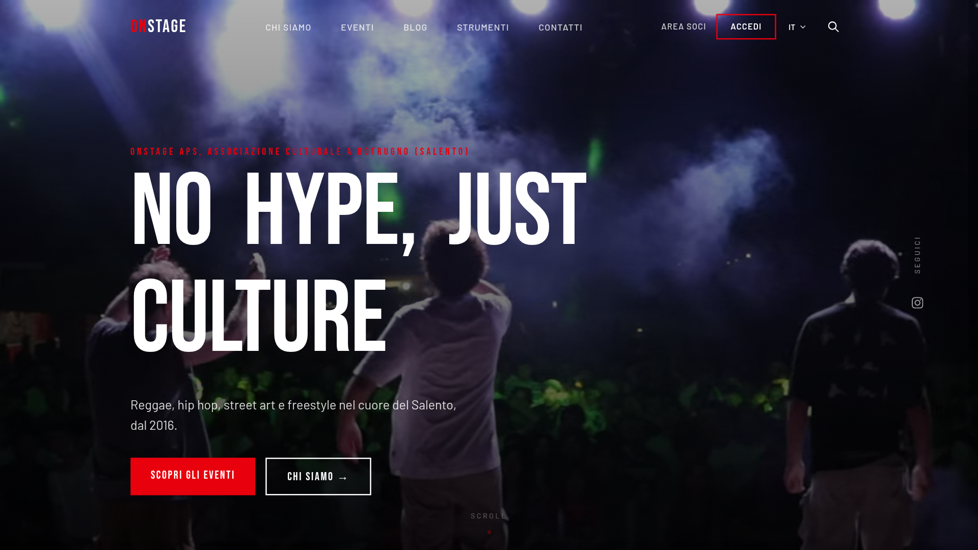 App OnStage su Chromebook, la home, con il motto «No hype, just culture» e l'invito a scoprire gli eventi