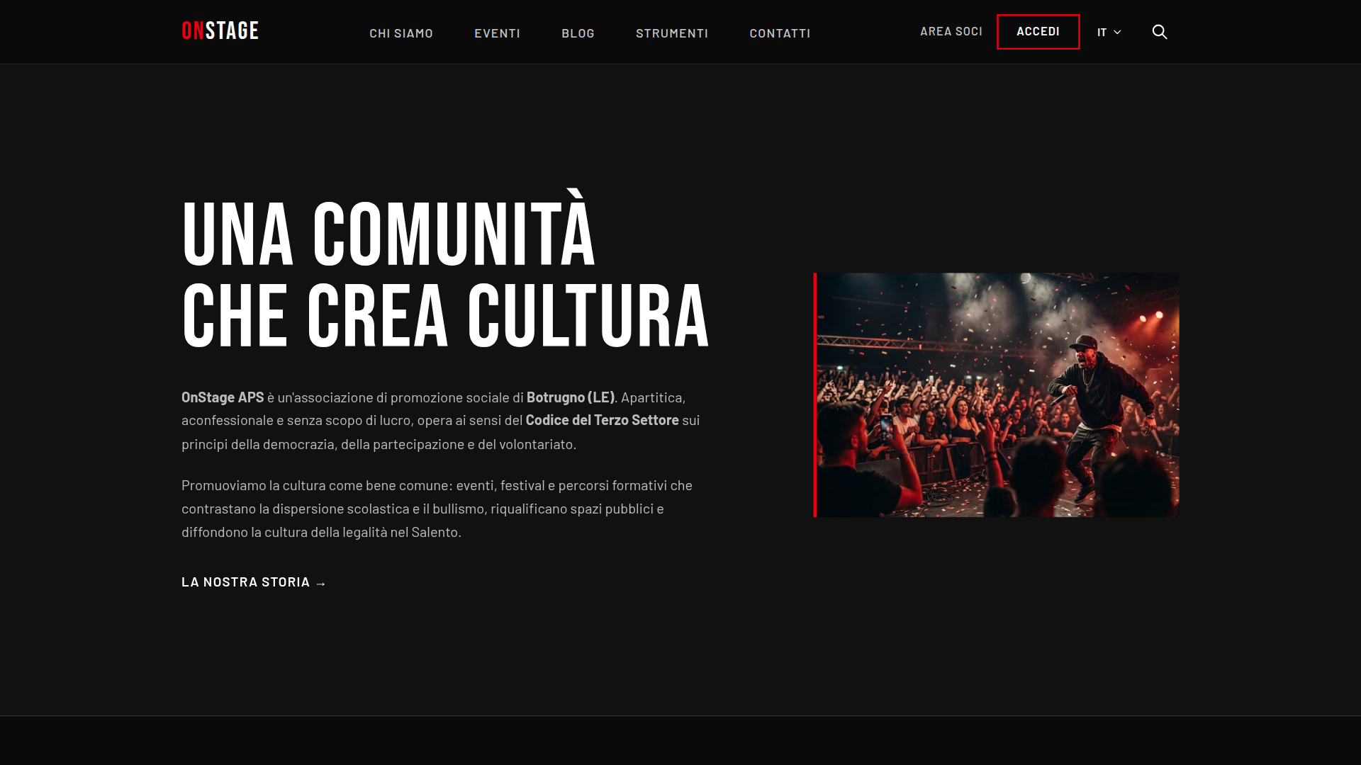 App OnStage su Chromebook, la home, con la sezione «Una comunità che crea cultura»