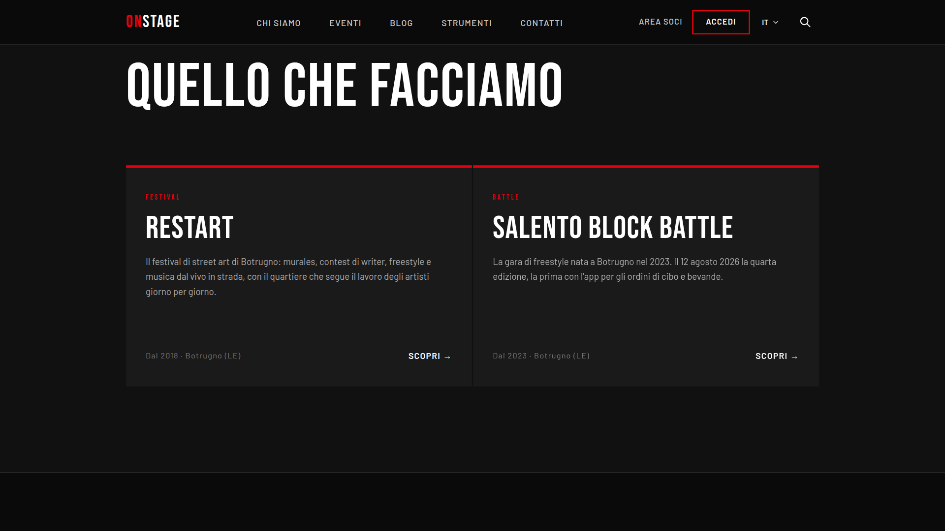 App OnStage su Chromebook, la home, con la sezione su quello che facciamo