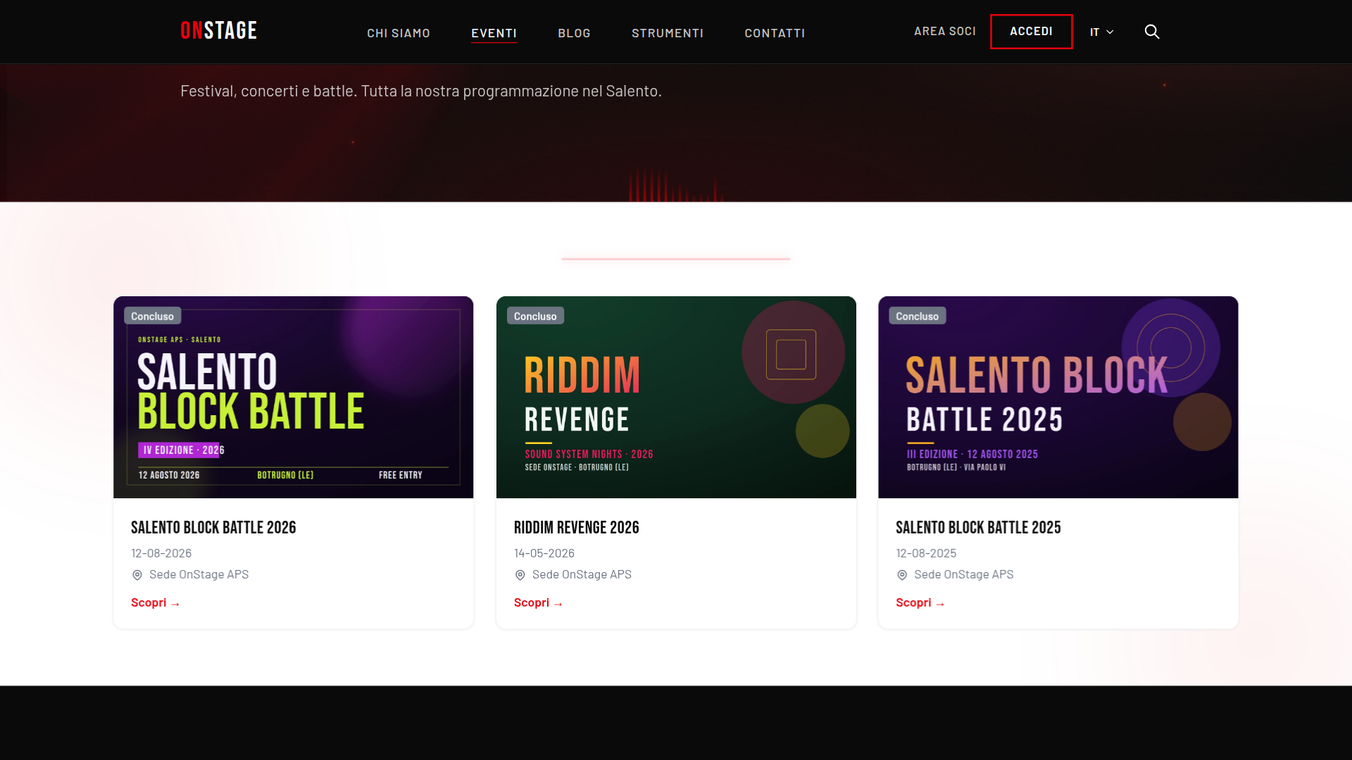 App OnStage su Chromebook, l'elenco degli eventi di OnStage