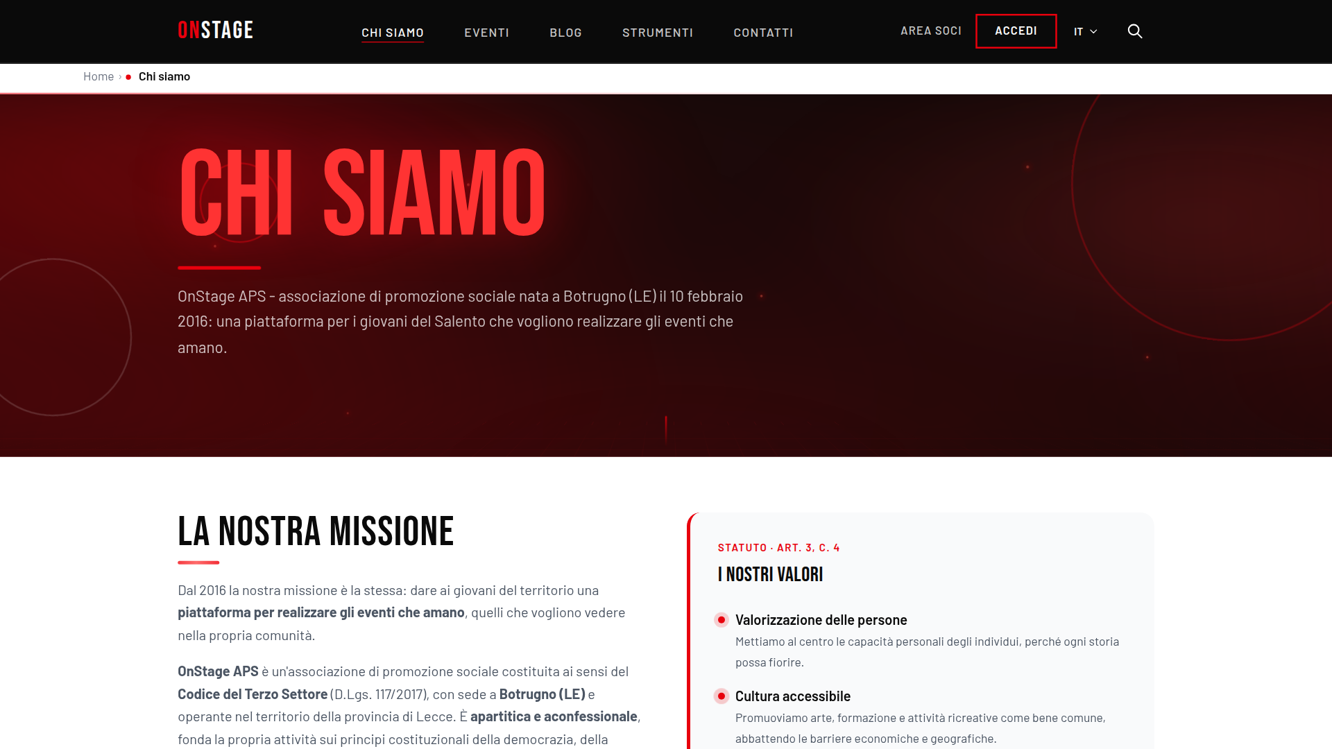 App OnStage su Chromebook, la pagina «Chi siamo» dell'associazione