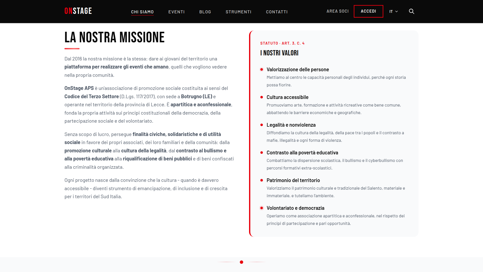 App OnStage su Chromebook, la missione dell'associazione, nella pagina «Chi siamo»