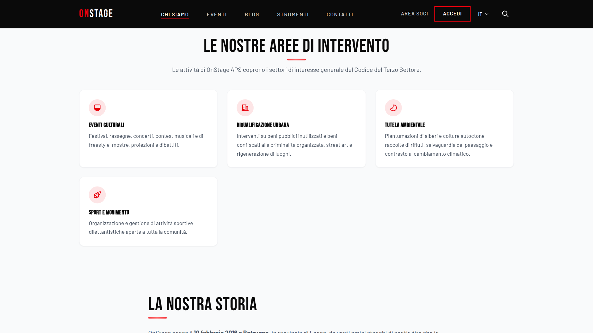 App OnStage su Chromebook, le aree di attività dell'associazione, nella pagina «Chi siamo»