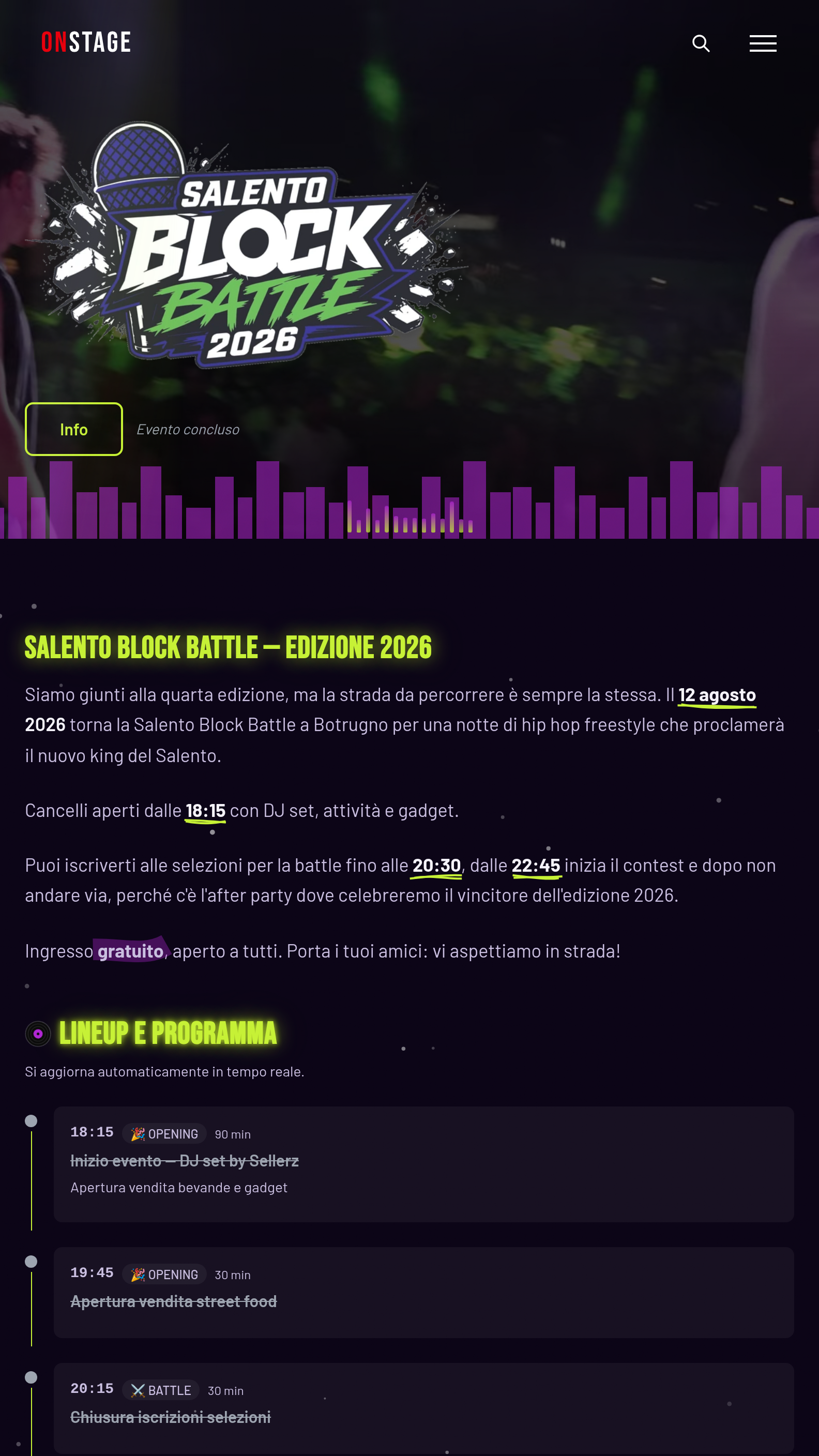 App OnStage su tablet da 10 pollici, la presentazione di un evento, con la data e gli orari