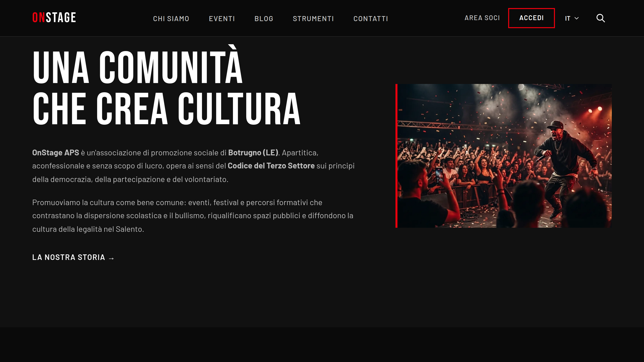 App OnStage su tablet da 10 pollici, la home, con la sezione «Una comunità che crea cultura»