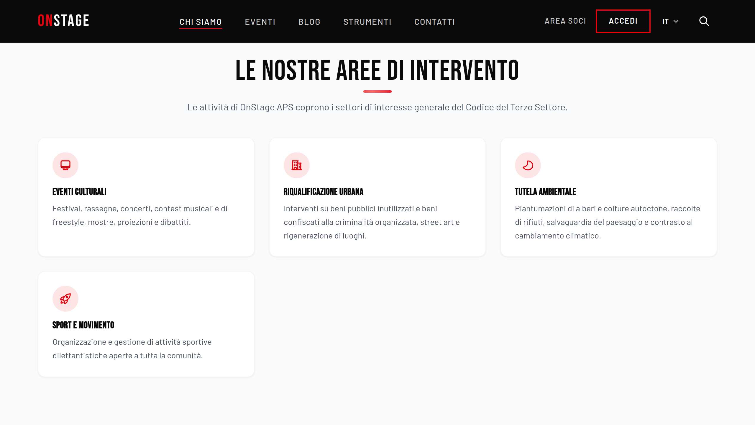 App OnStage su tablet da 10 pollici, le aree di attività dell'associazione, nella pagina «Chi siamo»