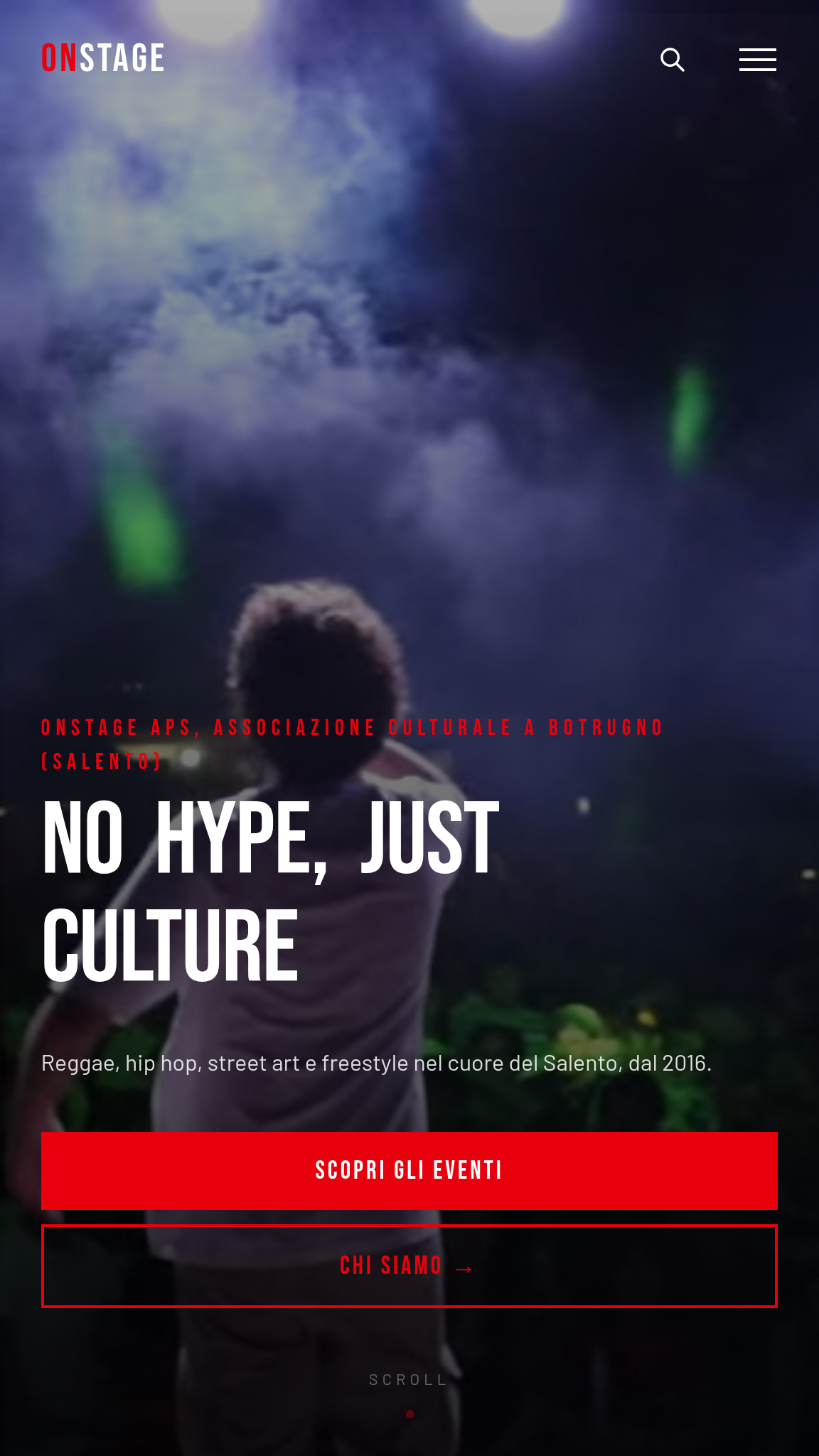 App OnStage su tablet da 7 pollici, la home, con il motto «No hype, just culture» e l'invito a scoprire gli eventi