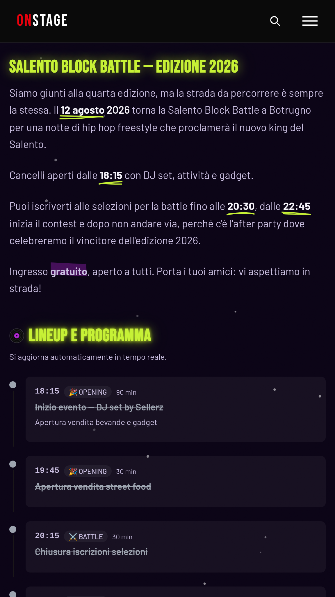 App OnStage su tablet da 7 pollici, la presentazione di un evento, con la data e gli orari