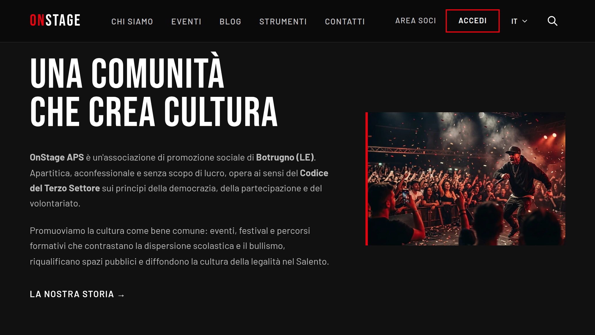 App OnStage su tablet da 7 pollici, la home, con la sezione «Una comunità che crea cultura»