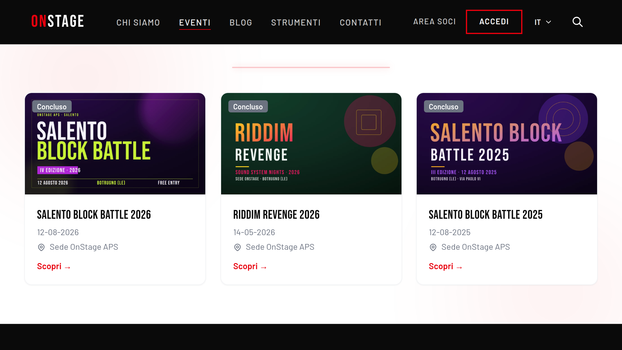 App OnStage su tablet da 7 pollici, l'elenco degli eventi di OnStage