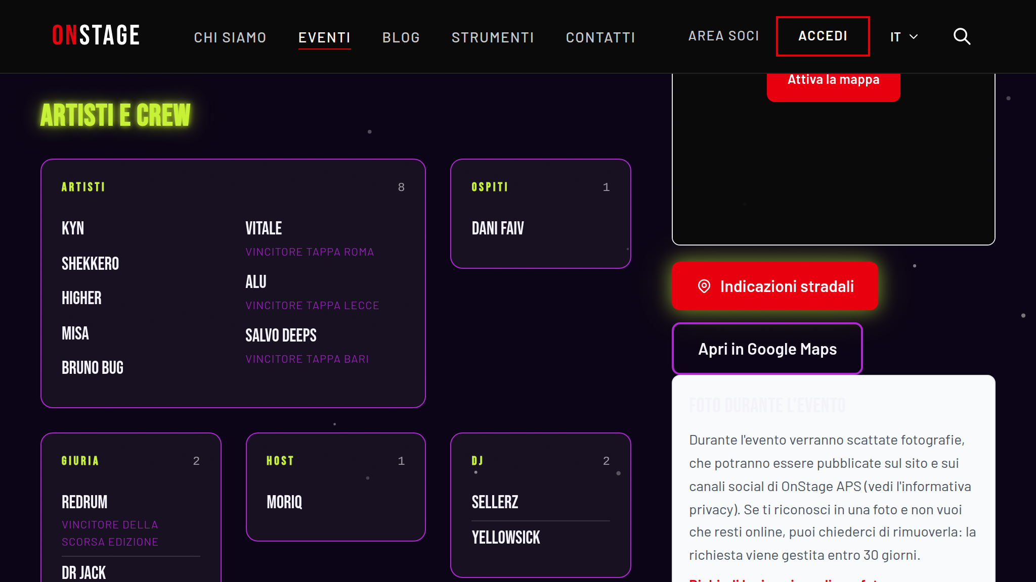 App OnStage su tablet da 7 pollici, gli artisti e le crew di un evento