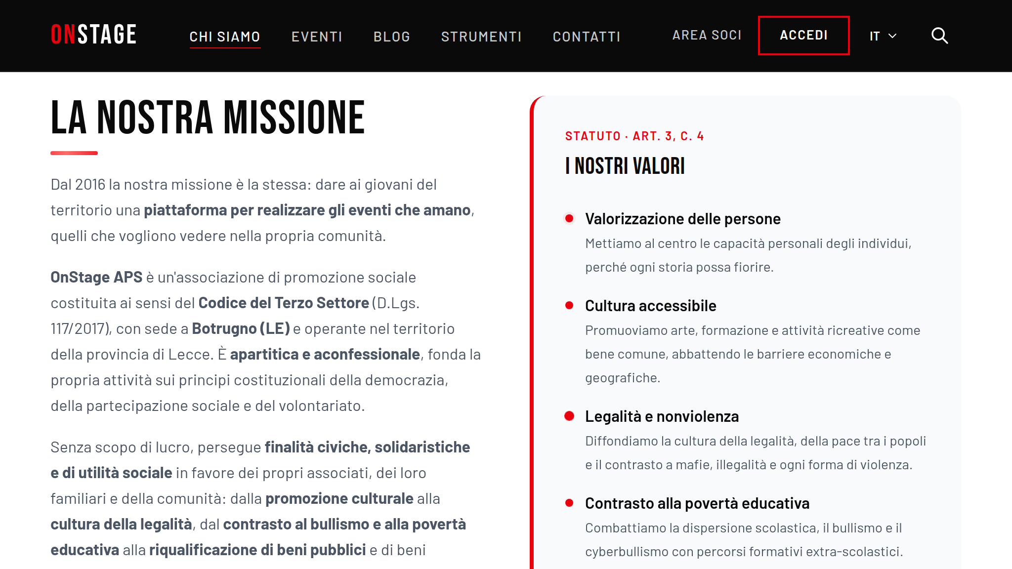 App OnStage su tablet da 7 pollici, la missione dell'associazione, nella pagina «Chi siamo»
