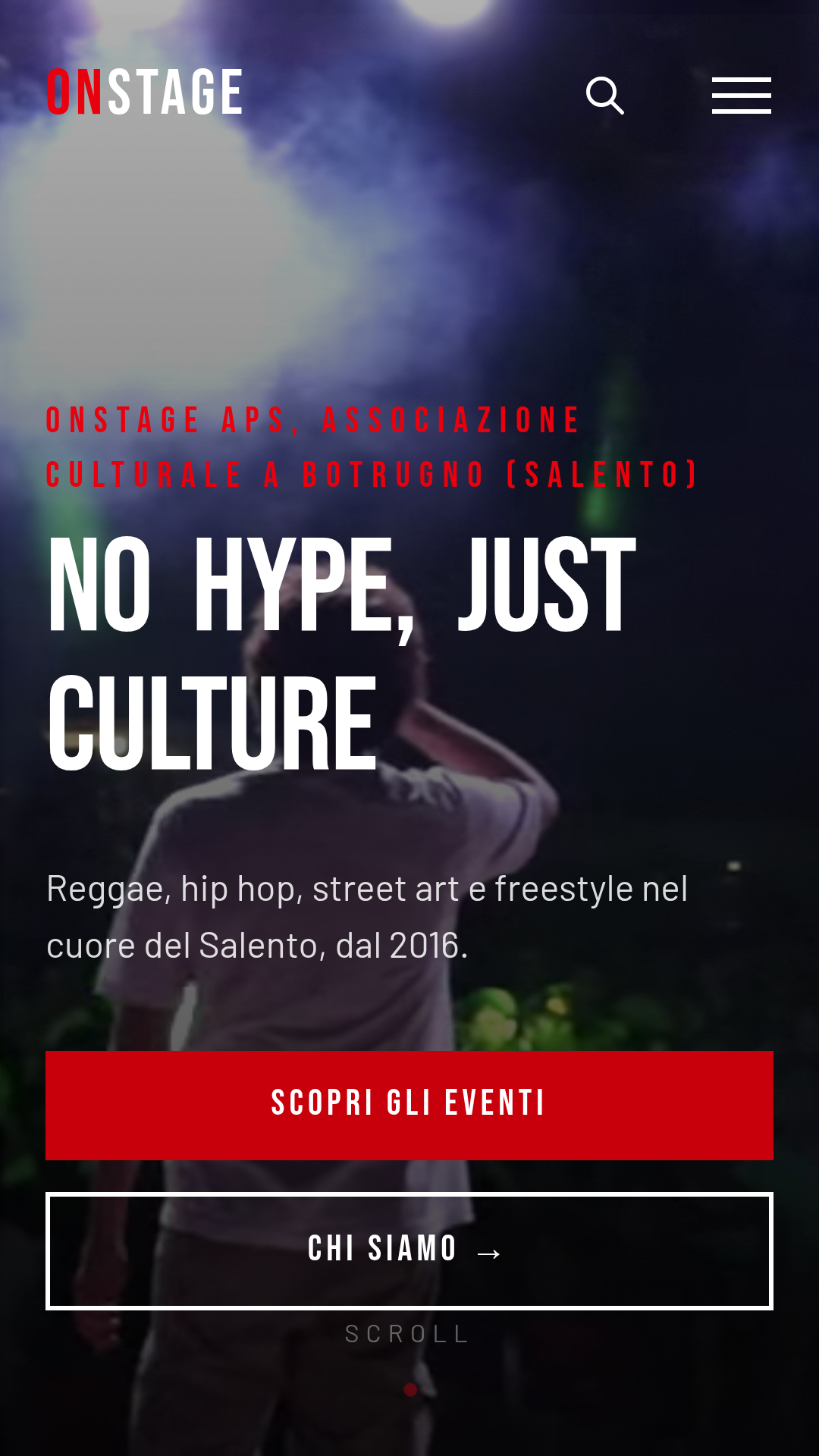 App OnStage su telefono, la home, con il motto «No hype, just culture» e l'invito a scoprire gli eventi
