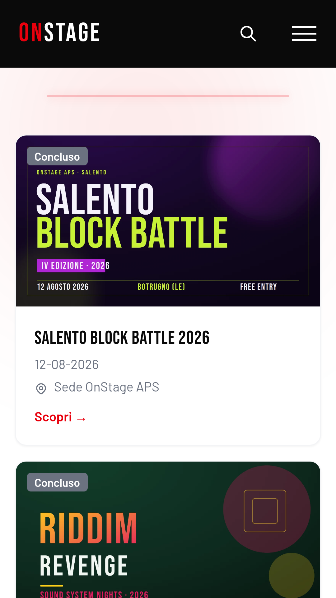 App OnStage su telefono, l'elenco degli eventi di OnStage