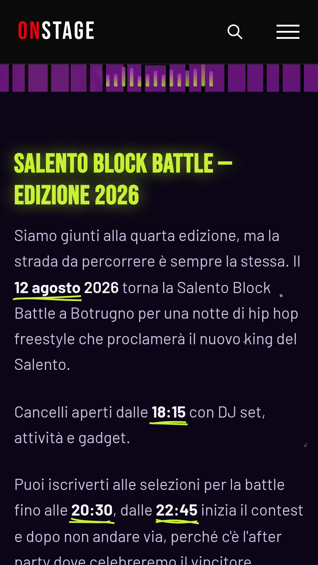 App OnStage su telefono, la presentazione di un evento, con la data e gli orari