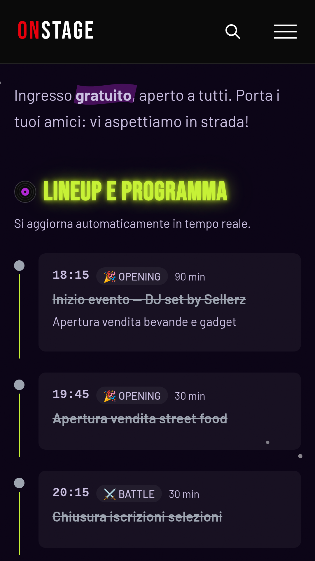 App OnStage su telefono, il programma di un evento