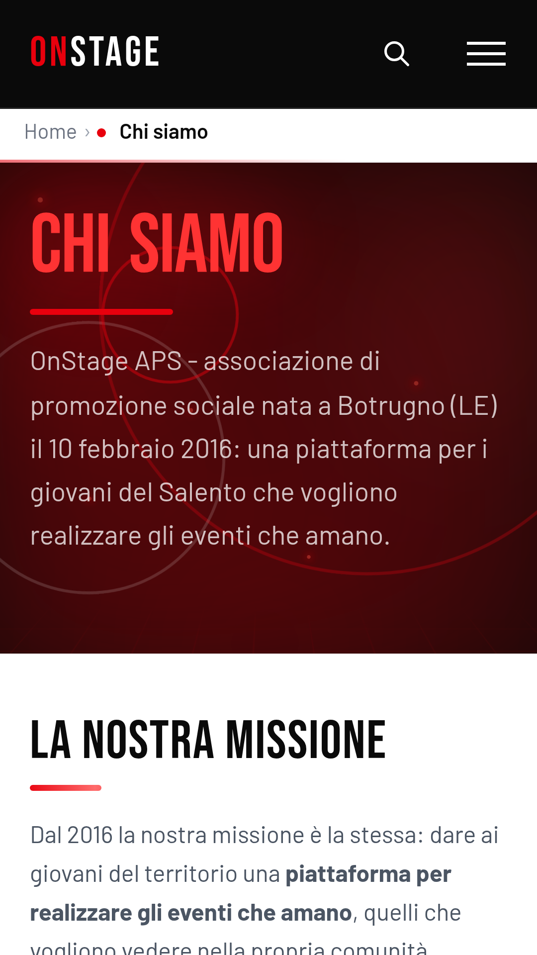 App OnStage su telefono, la pagina «Chi siamo» dell'associazione